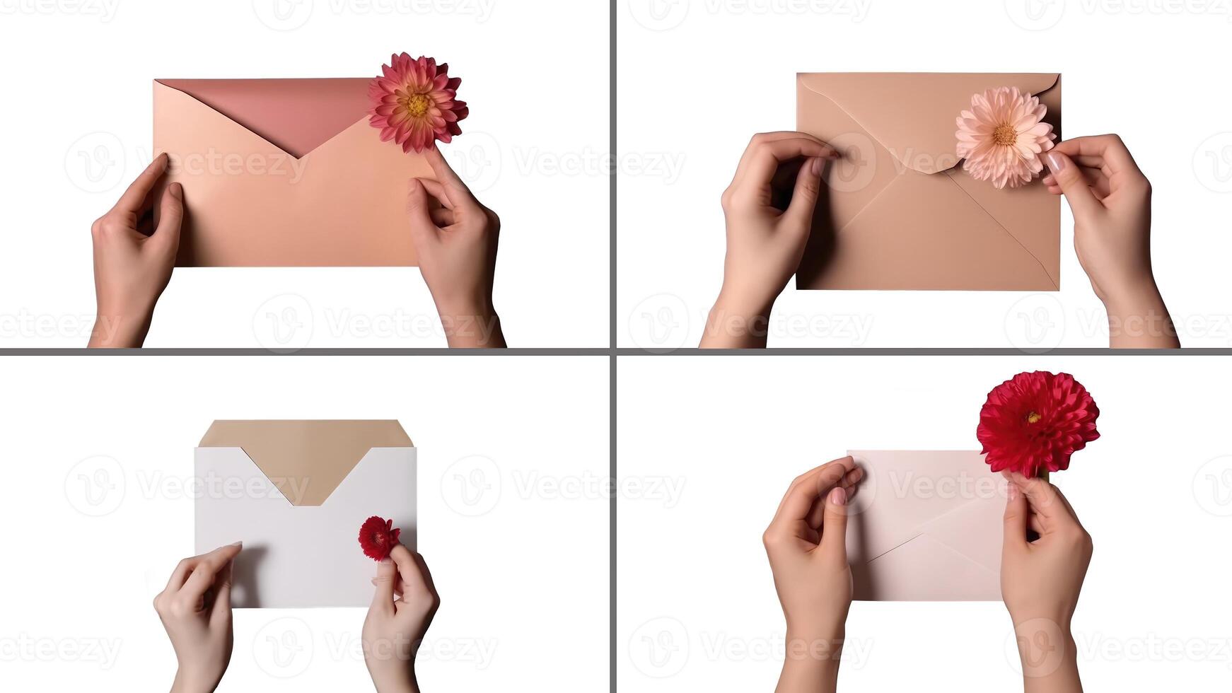 Set of Female Hands Holding Flower and Envelope on White Background, Illustration. photo