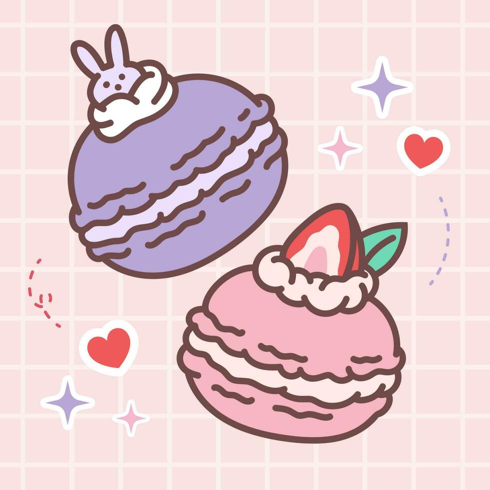 Kawaii food of sweet macaron vector illustration with japanese doodle style for kid product, sticker, shirt with pink background