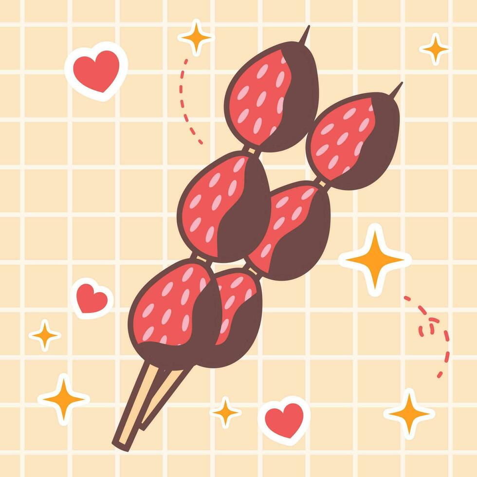 Kawaii food cartoon of strawberry fondue stick illustration. vector icon of cute japanese doodle style for kid product, sticker, shirt, wallpaper, card