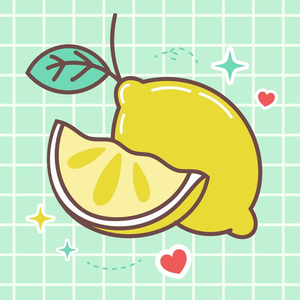 kawaii comida dibujos animados de Fresco limón Fruta vector icono de linda japonés garabatear estilo para niño producto, pegatina, camisa con verde antecedentes plano ilustración