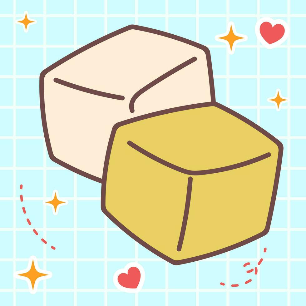 Cute cartoon cubic tofu kawaii food with japan style anime manga illustration vector