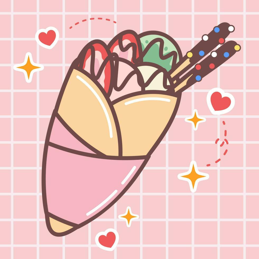 Kawaii food cartoon of fresh ice cream crepes illustration. vector icon of cute japanese doodle style for kid product, sticker, shirt, wallpaper, card.eps