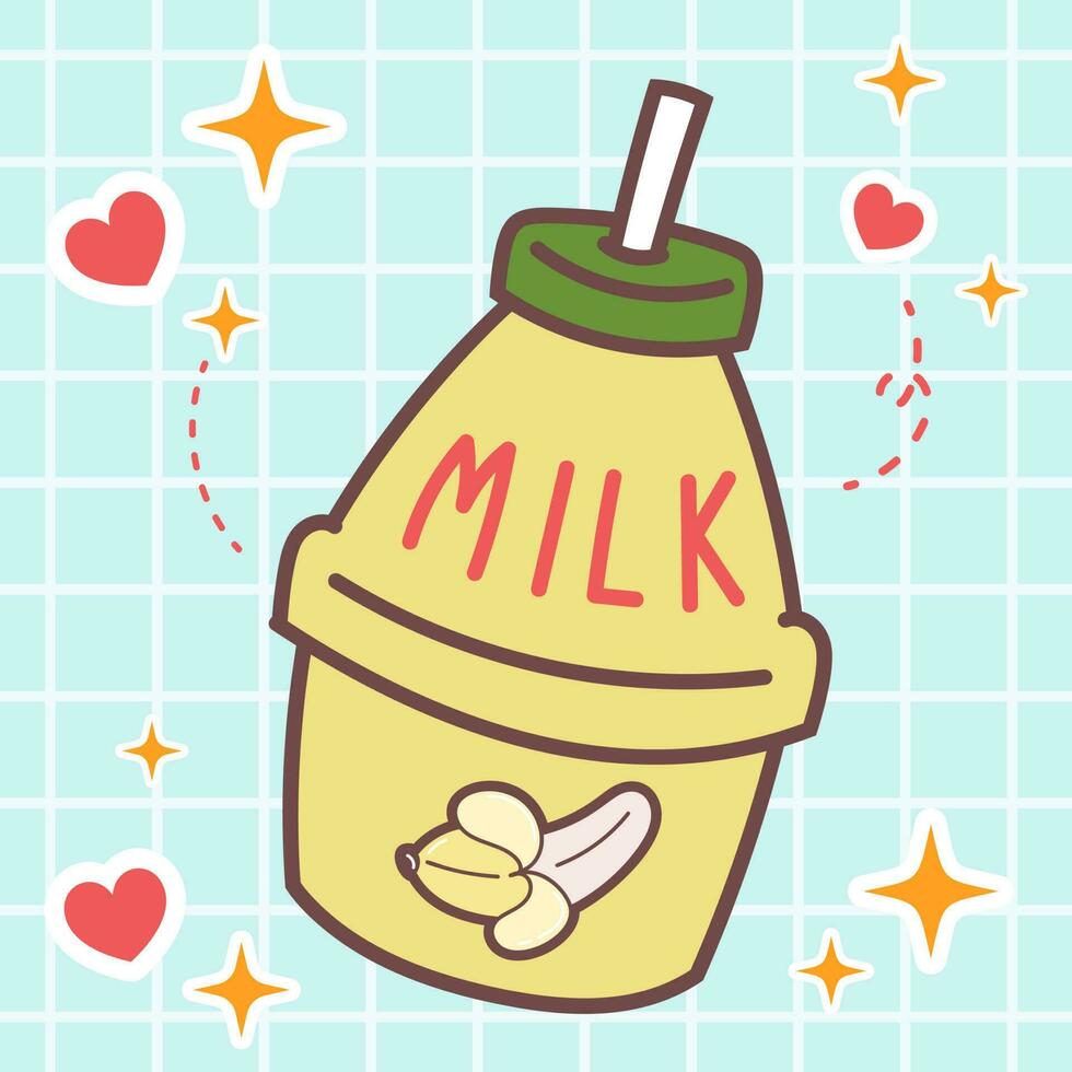 kawaii comida dibujos animados de plátano Leche ilustración. vector icono de linda botella bebida japonés garabatear estilo para niño producto, pegatina, camisa, fondo de pantalla, tarjeta