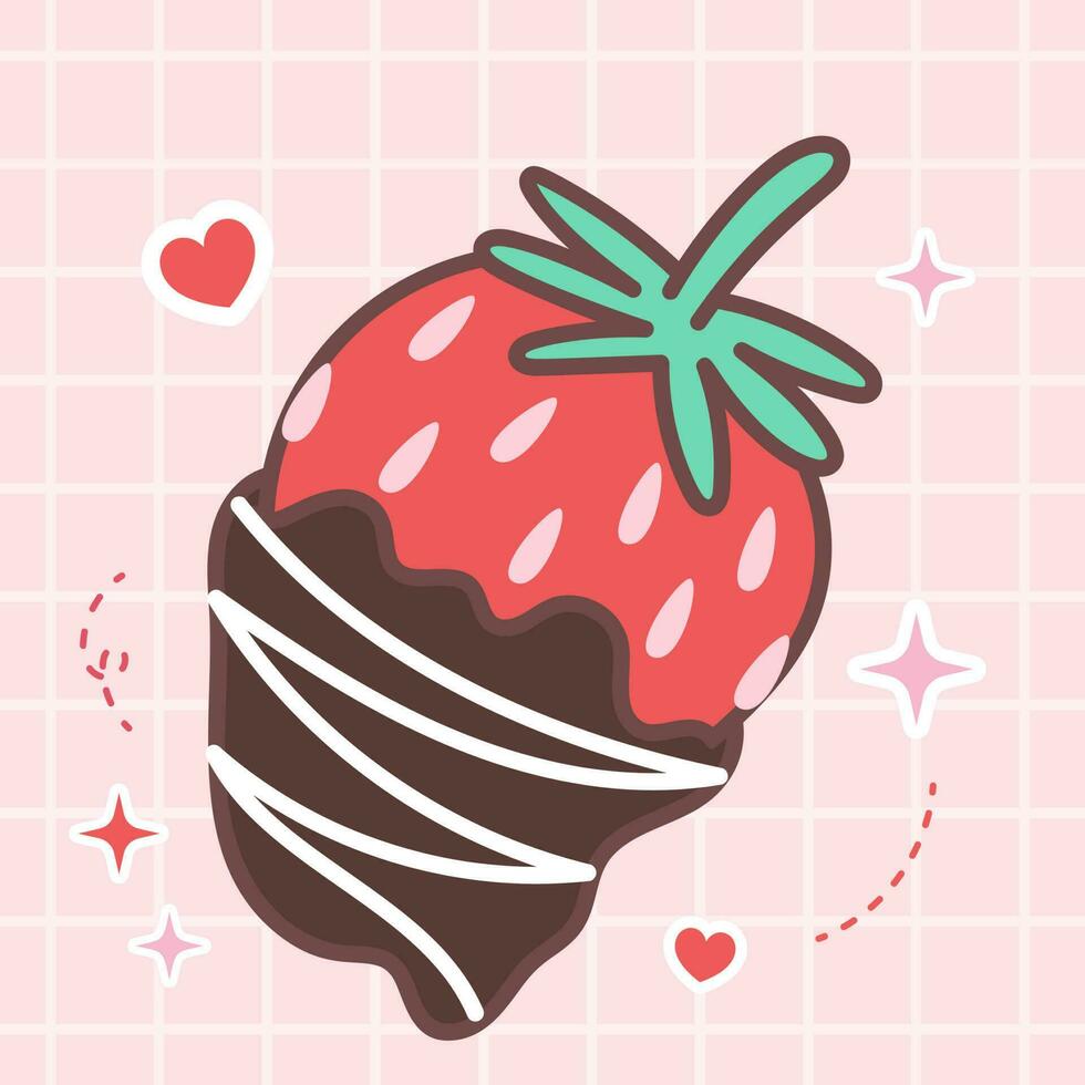 Kawaii food cartoon of strawberry chocolate fondue vector icon of fresh fruit dessert with cute japanese doodle style for kid product, sticker, shirt with pink background flat illustration