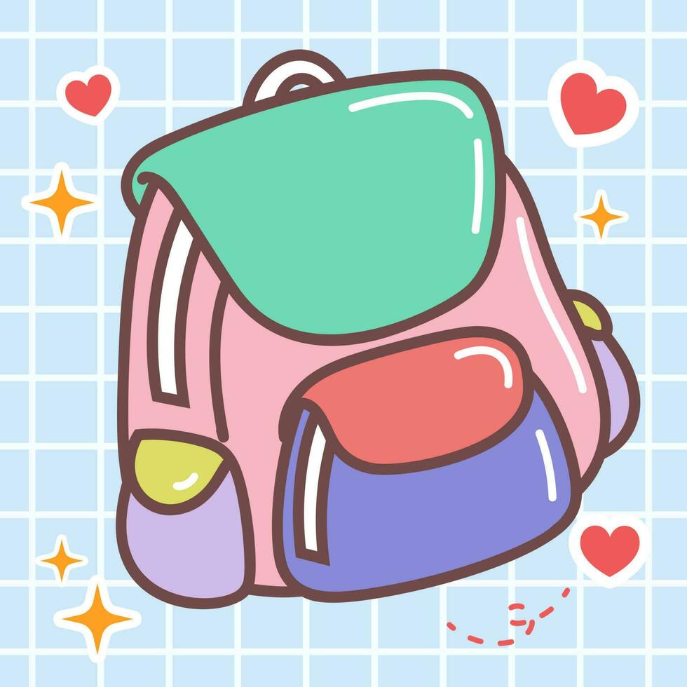 Kawaii sticker of school backpack bag vector icon of cute japanese doodle style for kids product, shirt, wallpaper card flat art illustration