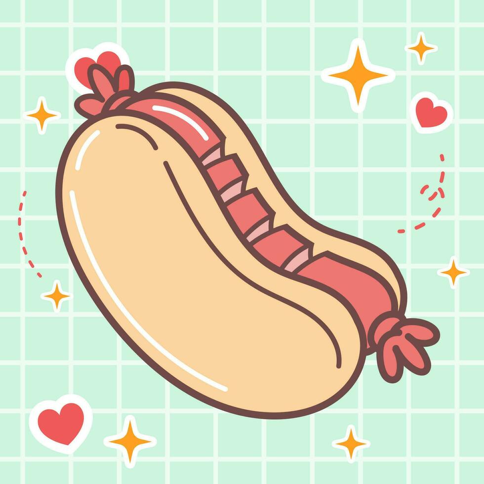 Kawaii food cartoon of sausage hotdog illustration. vector icon of cute japanese doodle style for kid product, sticker, shirt, wallpaper, card