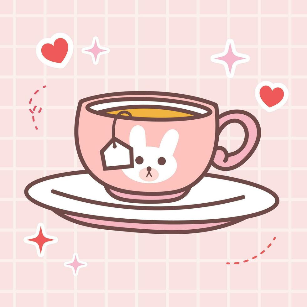 Kawaii food cartoon of cup of tea vector illustration drink with cute japanese doodle style for kid product, sticker, shirt with pink background