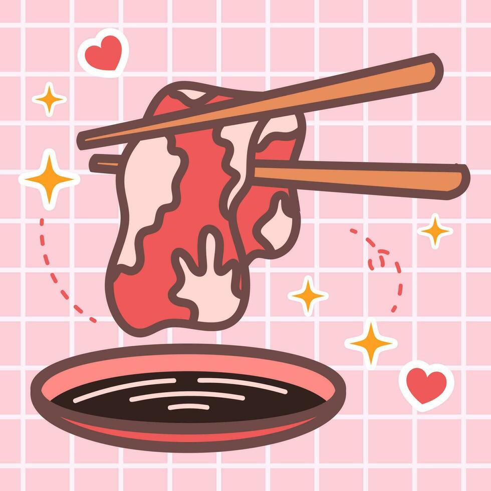 Cute cartoon yakiniku beef slice chop stick kawaii food with japan style anime manga illustration vector