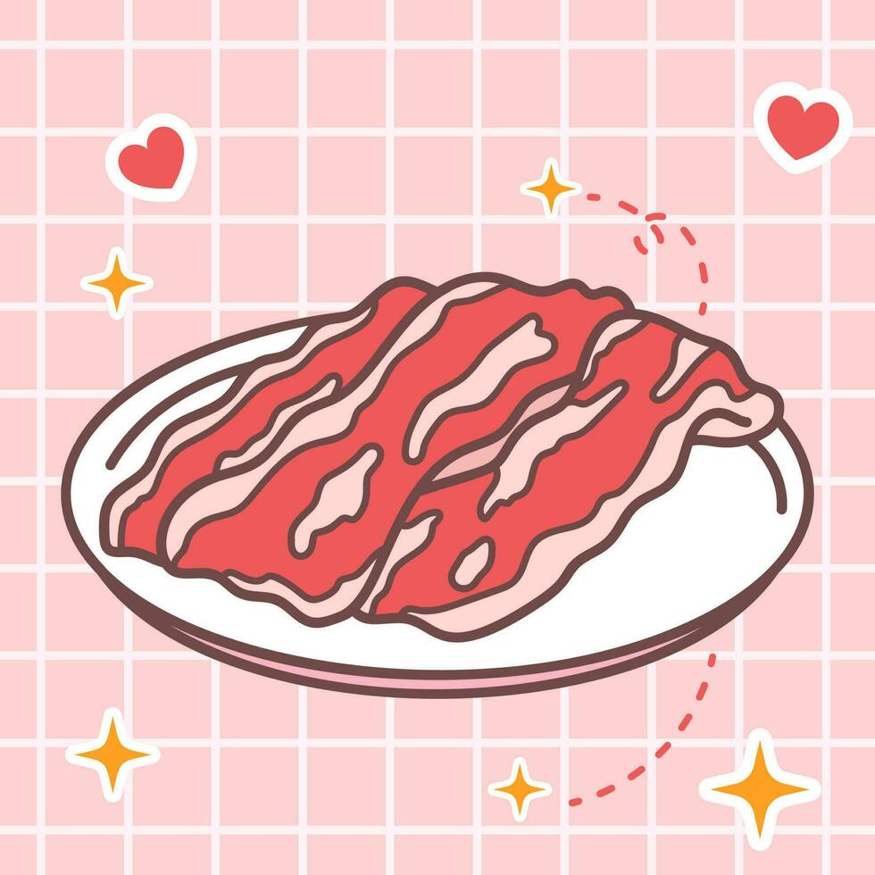linda dibujos animados Fresco prima wagyu carne de vaca rebanada para yakiniku o caliente maceta kawaii comida con Japón estilo anime manga ilustración vector