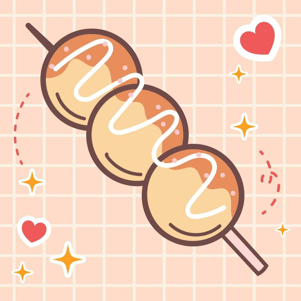 Kawaii food of takoyaki stick street snack. Vector hand drawn cute cartoon character illustration logo icon. Japan anime, manga style concept design