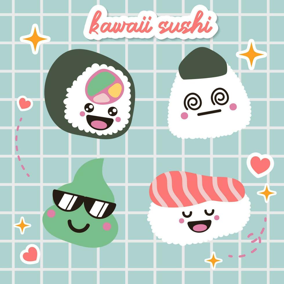 kawaii sushi and rolls vector in japan anime manga style with cute smiling face pink cheeks. Japanese traditional cuisine dishes in flat illustration