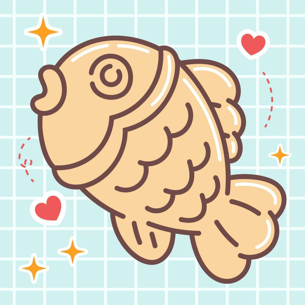 Kawaii food cartoon of taiyaki fish cake vector icon of cute japanese doodle style for kid product, sticker, shirt on blue background flat illustration