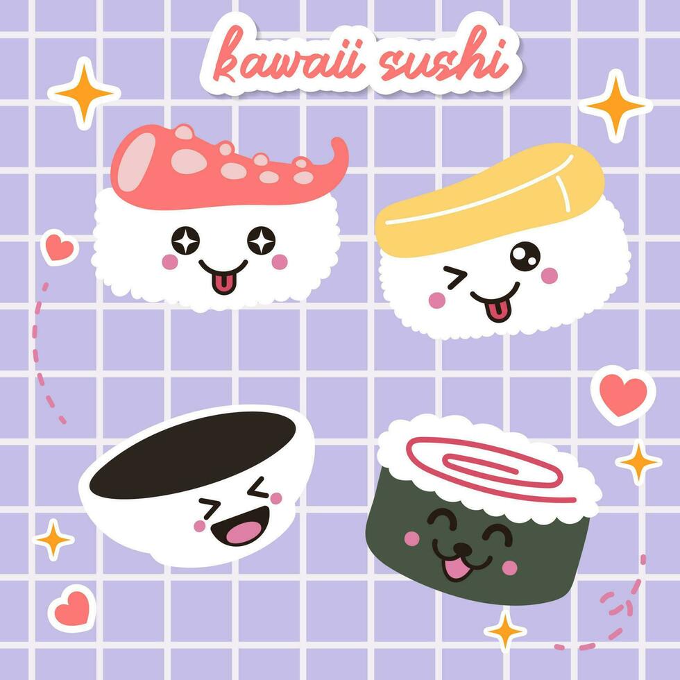 kawaii sushi and rolls vector in japan anime manga style with cute smiling face pink cheeks. Japanese traditional cuisine dishes in flat illustration