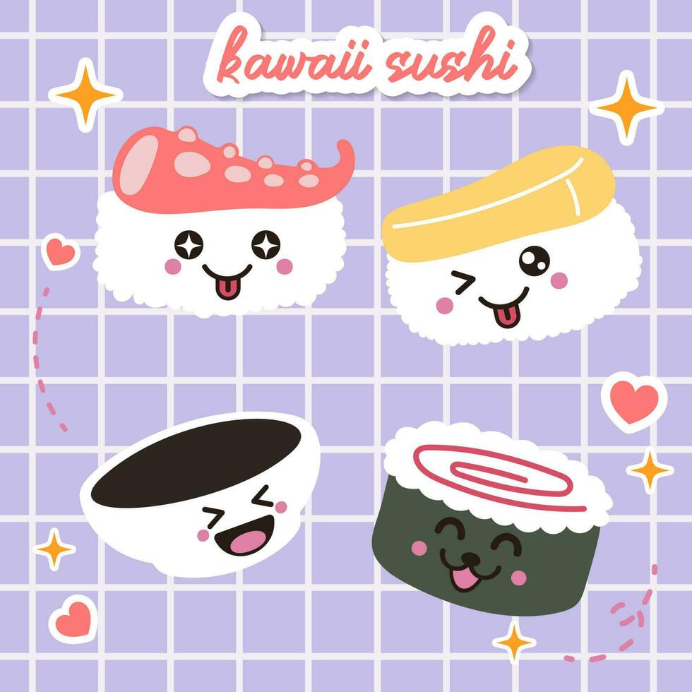 kawaii Sushi y rollos vector en Japón anime manga estilo con linda sonriente cara rosado las mejillas. japonés tradicional cocina platos en plano ilustración