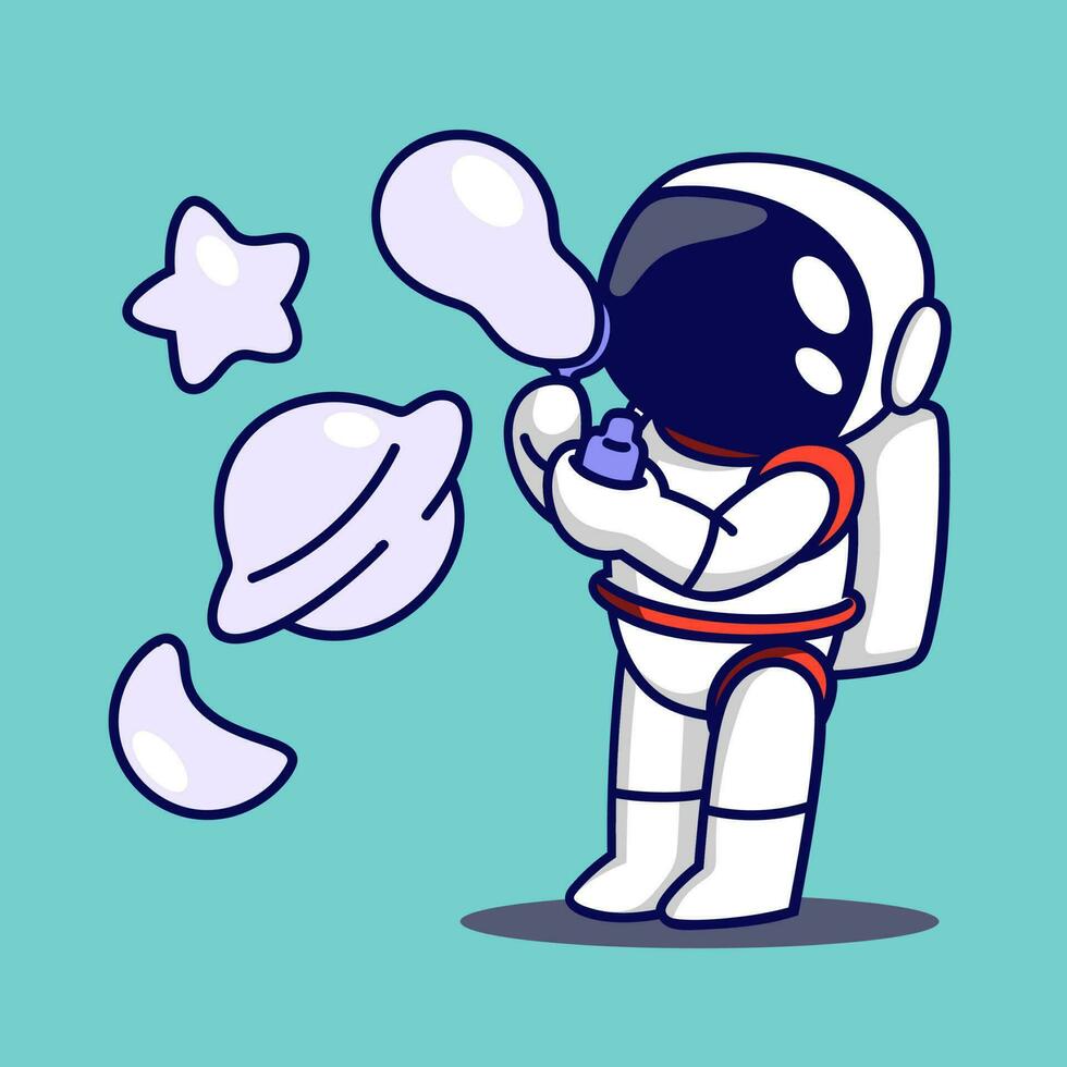 Cute astronaut blowing soap bubbles. Vector illustration in cartoon style.