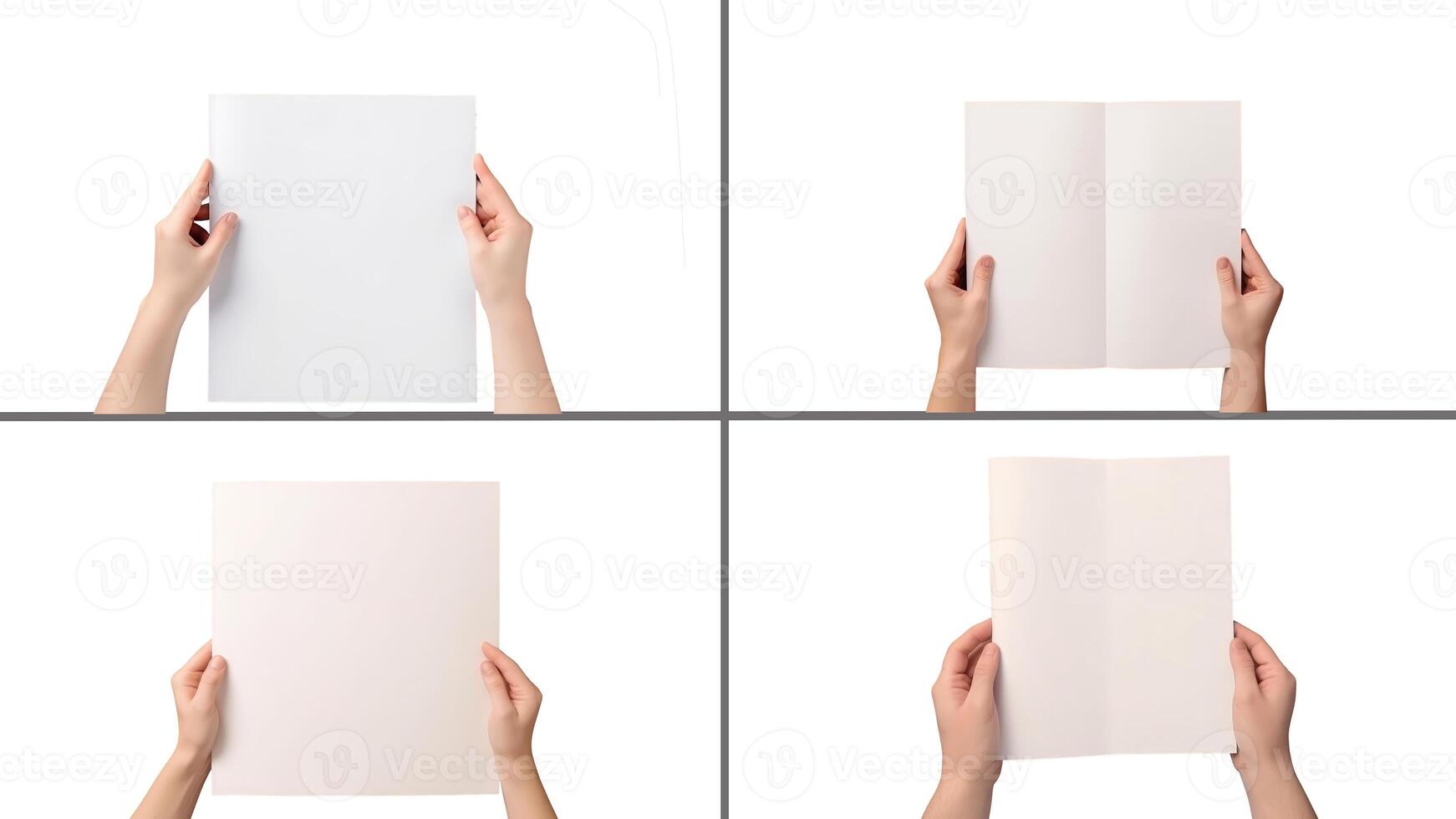 Photography of Human Hands Holding Blank Paper on White Background. Technology. photo