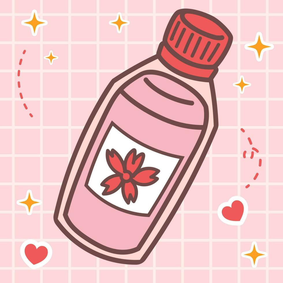 Kawaii food of fresh sakura mineral water bottle drink. Vector hand drawn cute cartoon character illustration logo icon. Cute Japan anime, manga style