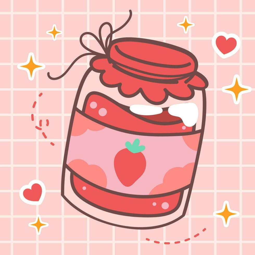 kawaii comida de botella o tarro de fresa mermelada. vector mano dibujado linda dibujos animados personaje ilustración logo icono. linda Japón animado, manga estilo concepto diseño