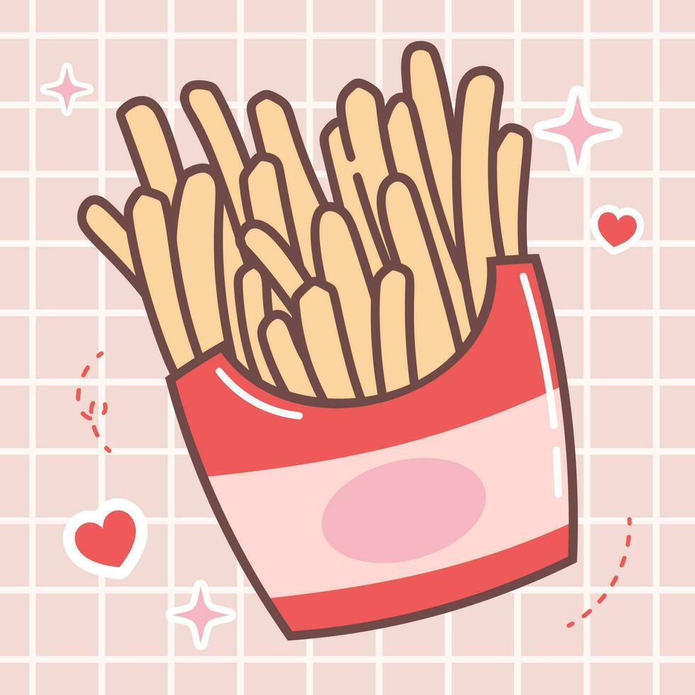 Kawaii food cartoon of french fries vector icon of cute fast food with japanese doodle style for kid product, sticker, shirt on pink background flat illustration