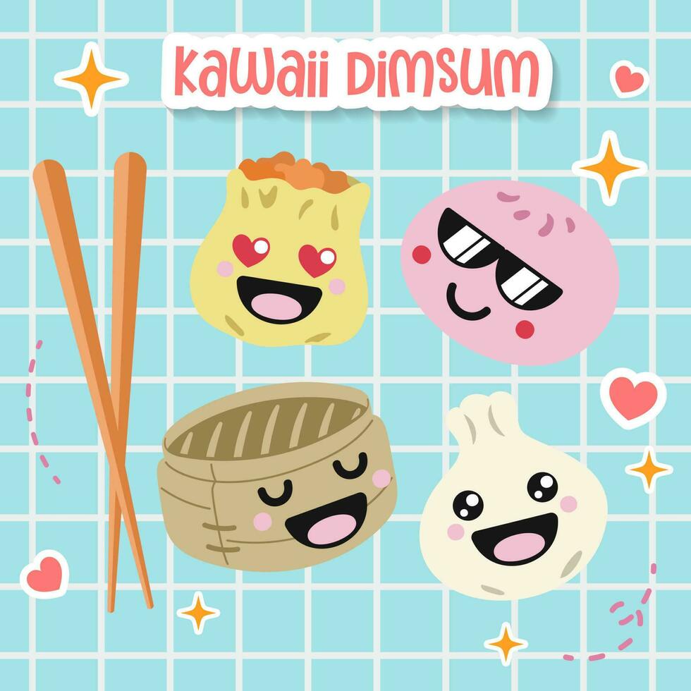 kawaii comida de linda dibujos animados oscuro suma garabatear dibujo. tradicional chino asiático empanadillas con gracioso sonriente caras vector plano ilustración con Japón anime manga estilo