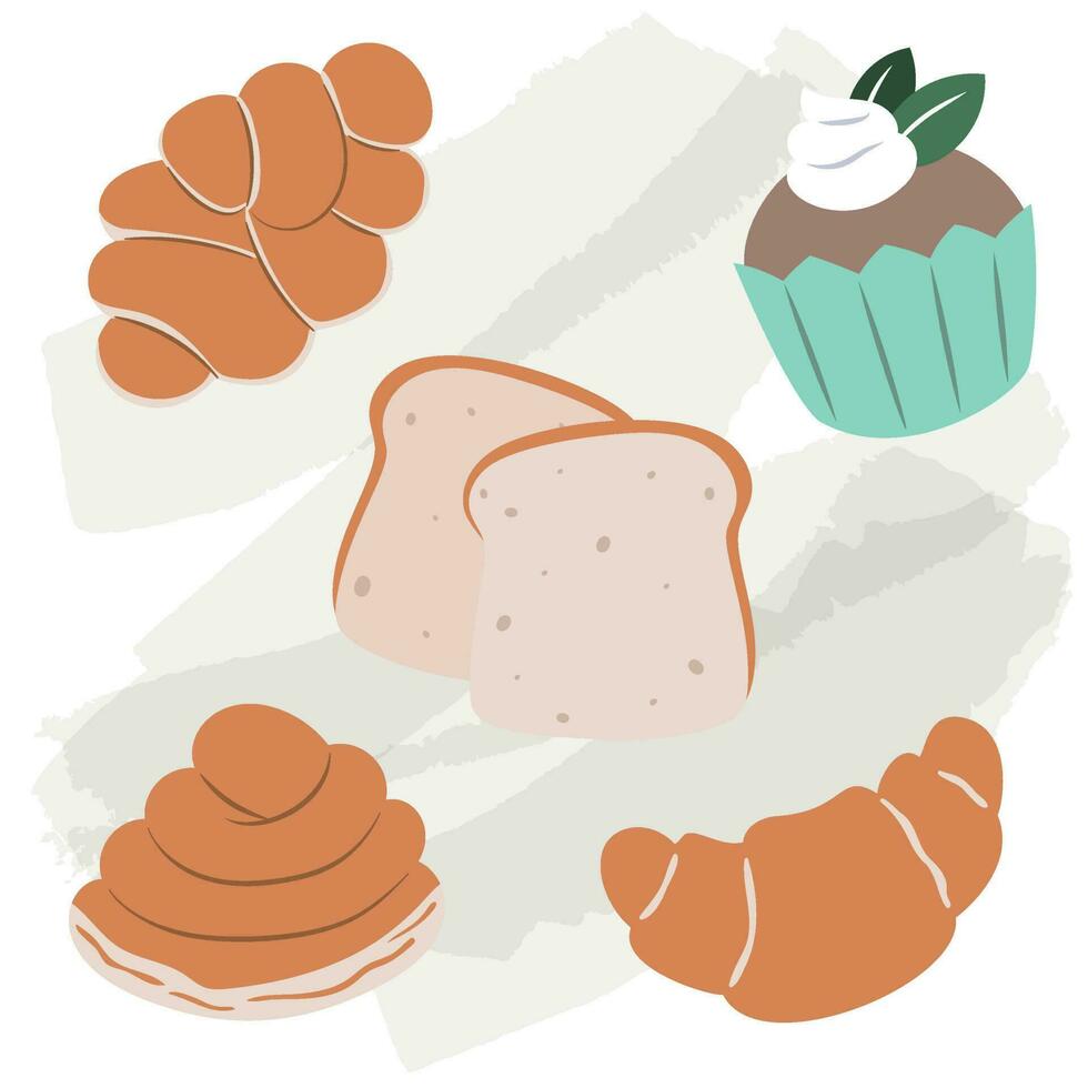 Set vector delicious bread flat illustration icons for design menu bakery