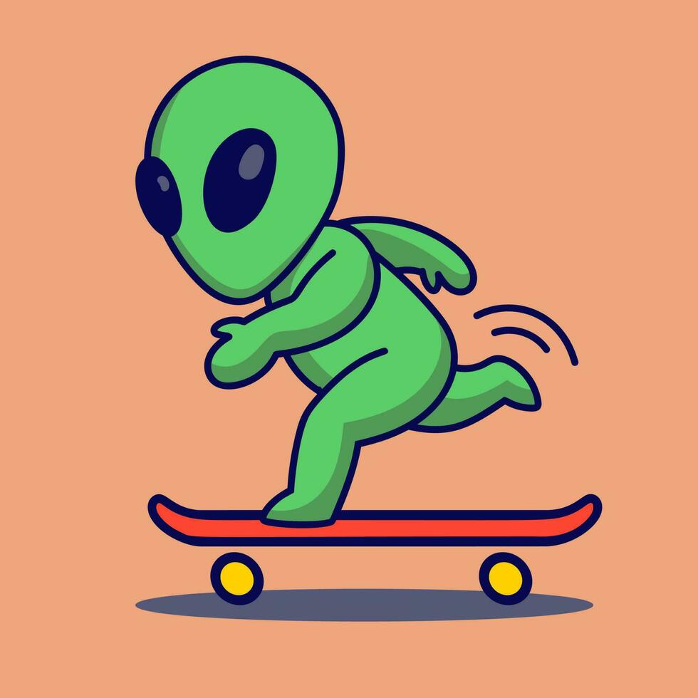 Cute cartoon alien rides a skateboard. Vector illustration in flat style