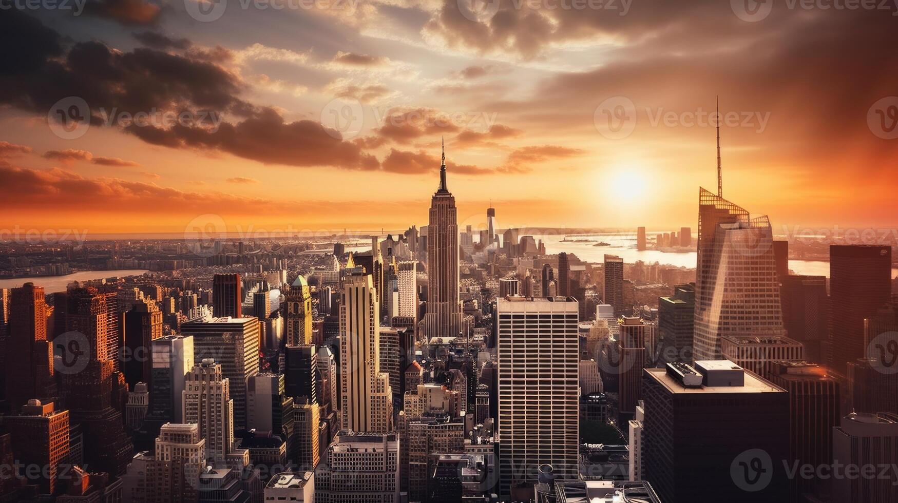 aéreo ver de nuevo York ciudad con rascacielos edificios en Angulo alto amanecer o puesta de sol. generativo ai tecnología. foto