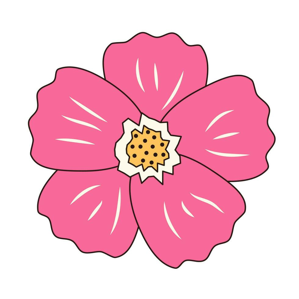 Retro groovy hand drawn flower. Linear color vector illustration.