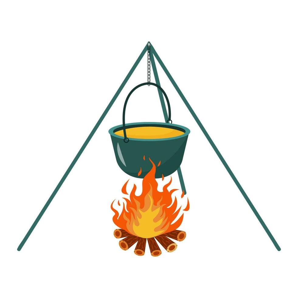 Pot on campfire. Campfire tripod. Cooking in a cauldron on flame. Hiking Food. vector