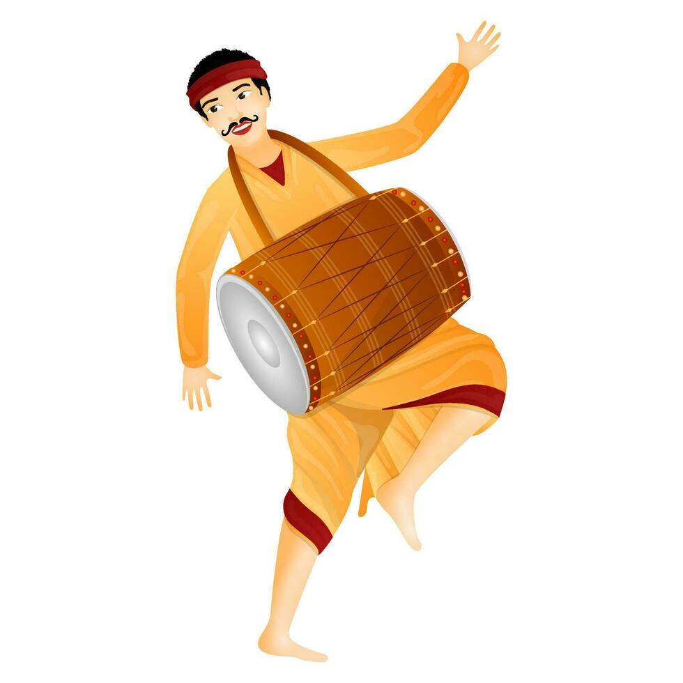 Vector illustration of dholi Drummer playing dhol Drum on white background.