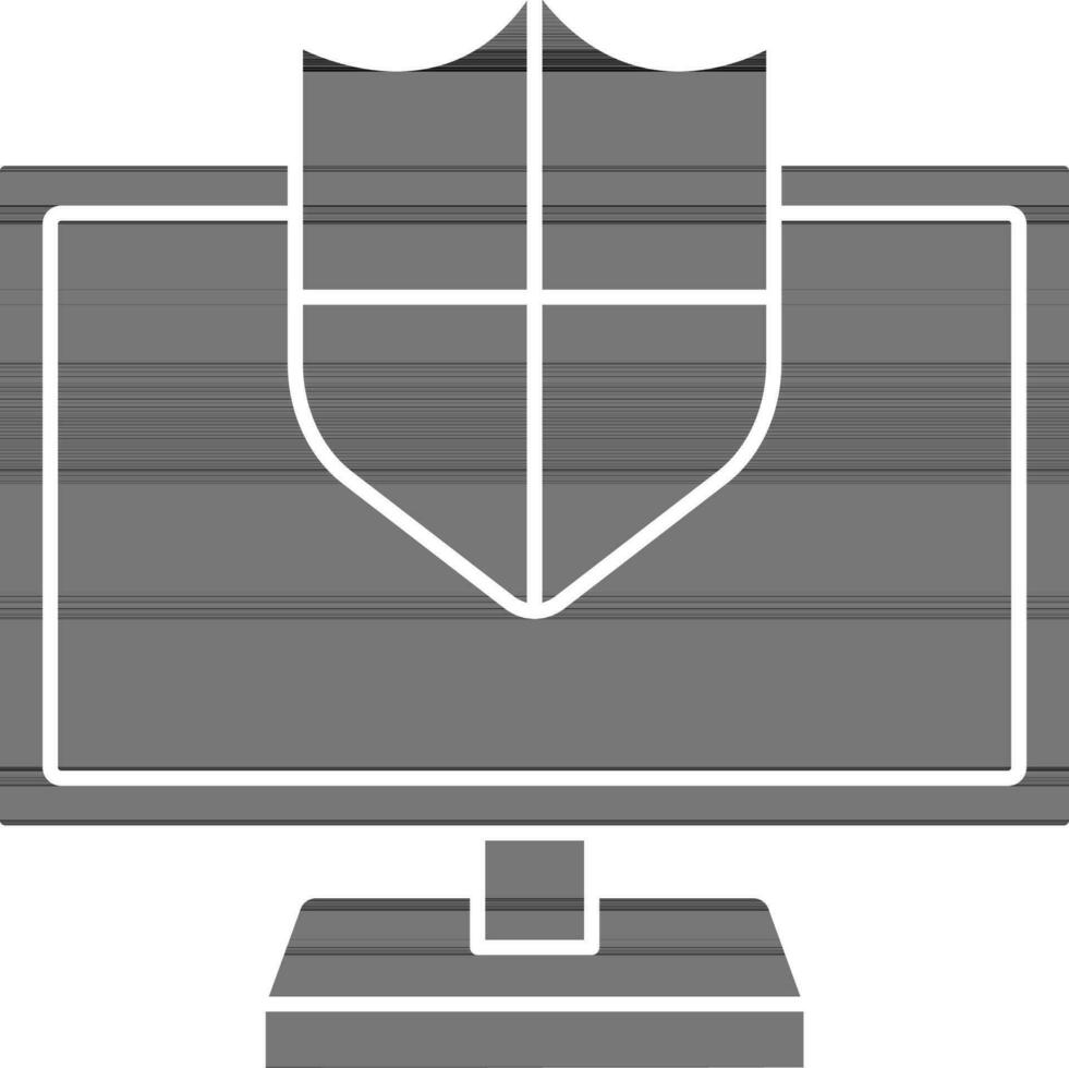 Desktop With Security Shield Icon In Glyph Style. vector