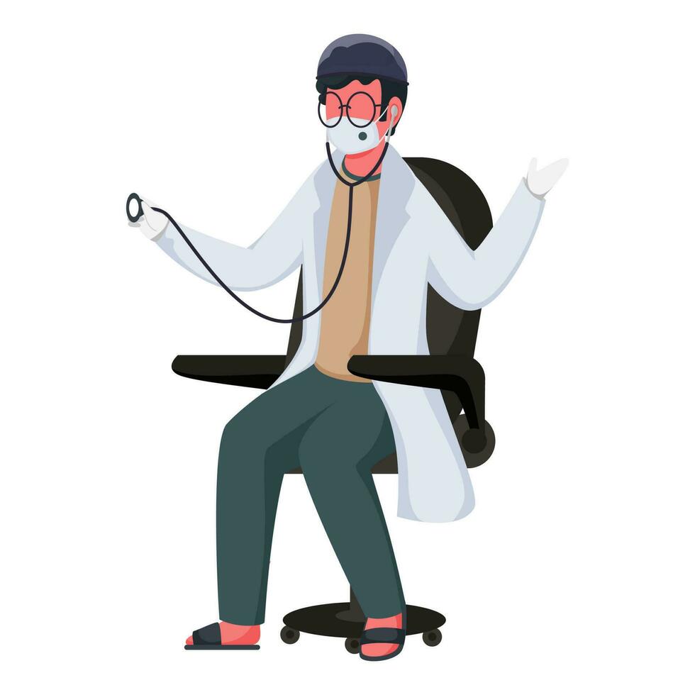 médico hombre vestir médico mascarilla, guantes, gorra y examinando desde estetoscopio sentar en silla. vector