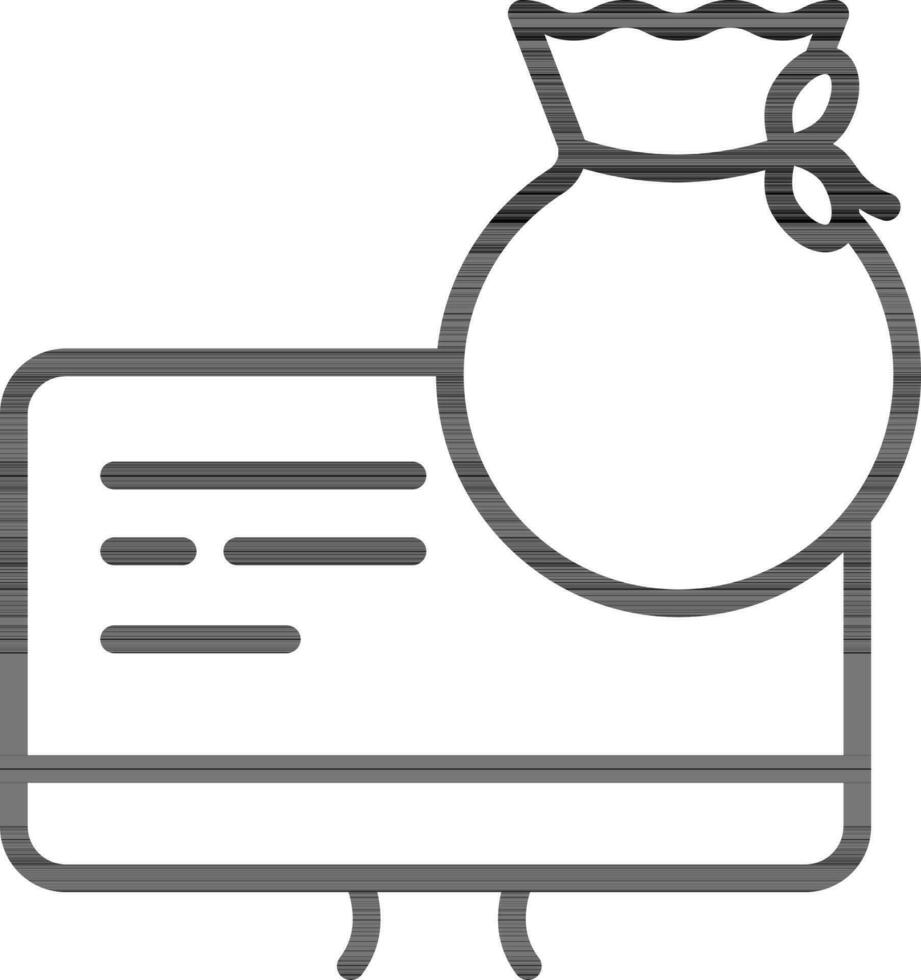 Desktop With Bag Or Tied Pouch Icon In Black Line Art. vector