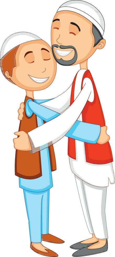 Character of happy muslim men hugging each other. vector