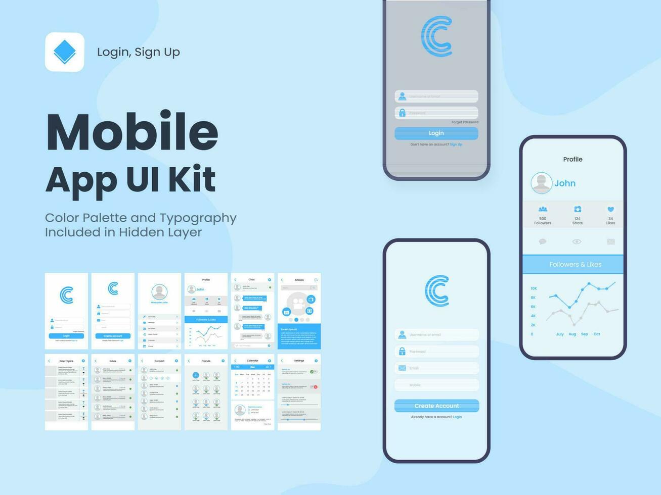 Wireframe UI, UX and GUI Layout with Different Login Screens including Create Account, Sign In, Sign Up, Chatting, Contact, Setting for Mobile Apps or Responsive Website. vector