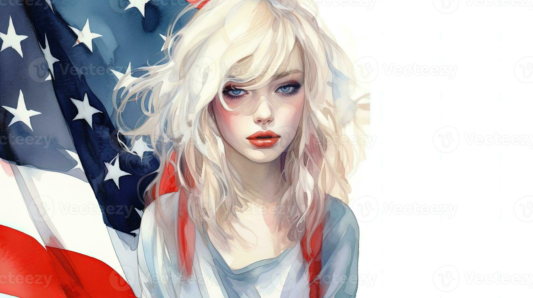 Watercolor Painting of Blonde Teenage Girl and American Flag on White Background, 4th of July Independence Day Celebration Concept. Generative AI Technology. photo