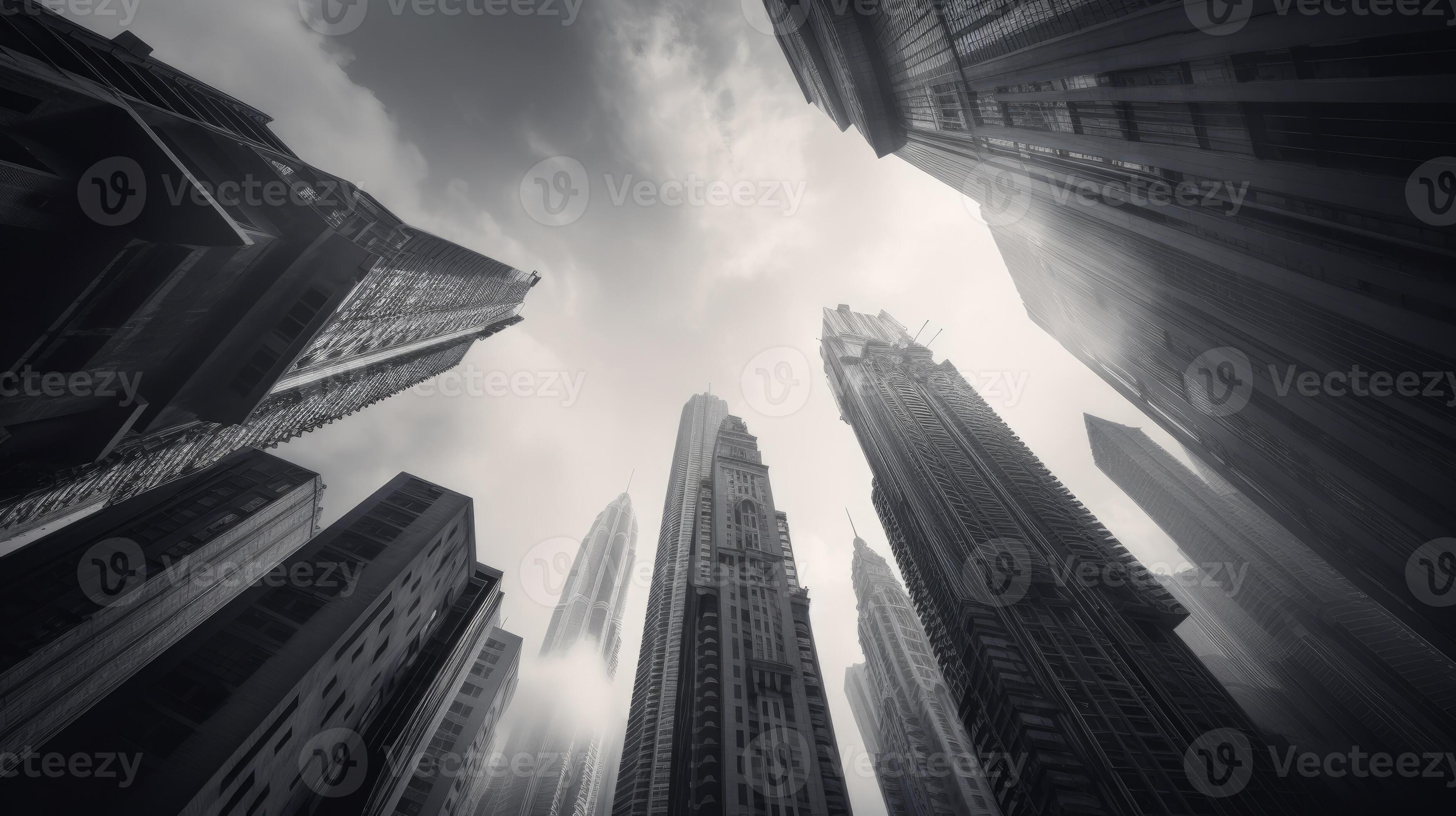 Bottom View of HighRise Buildings Against Gray Sky in the City. Real