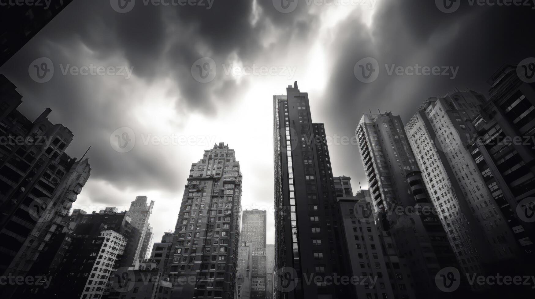 Bottom View of High-Rise Buildings Against Gray Sky in the City. Real Estate and Corporate Construction, Generative AI Technology. photo