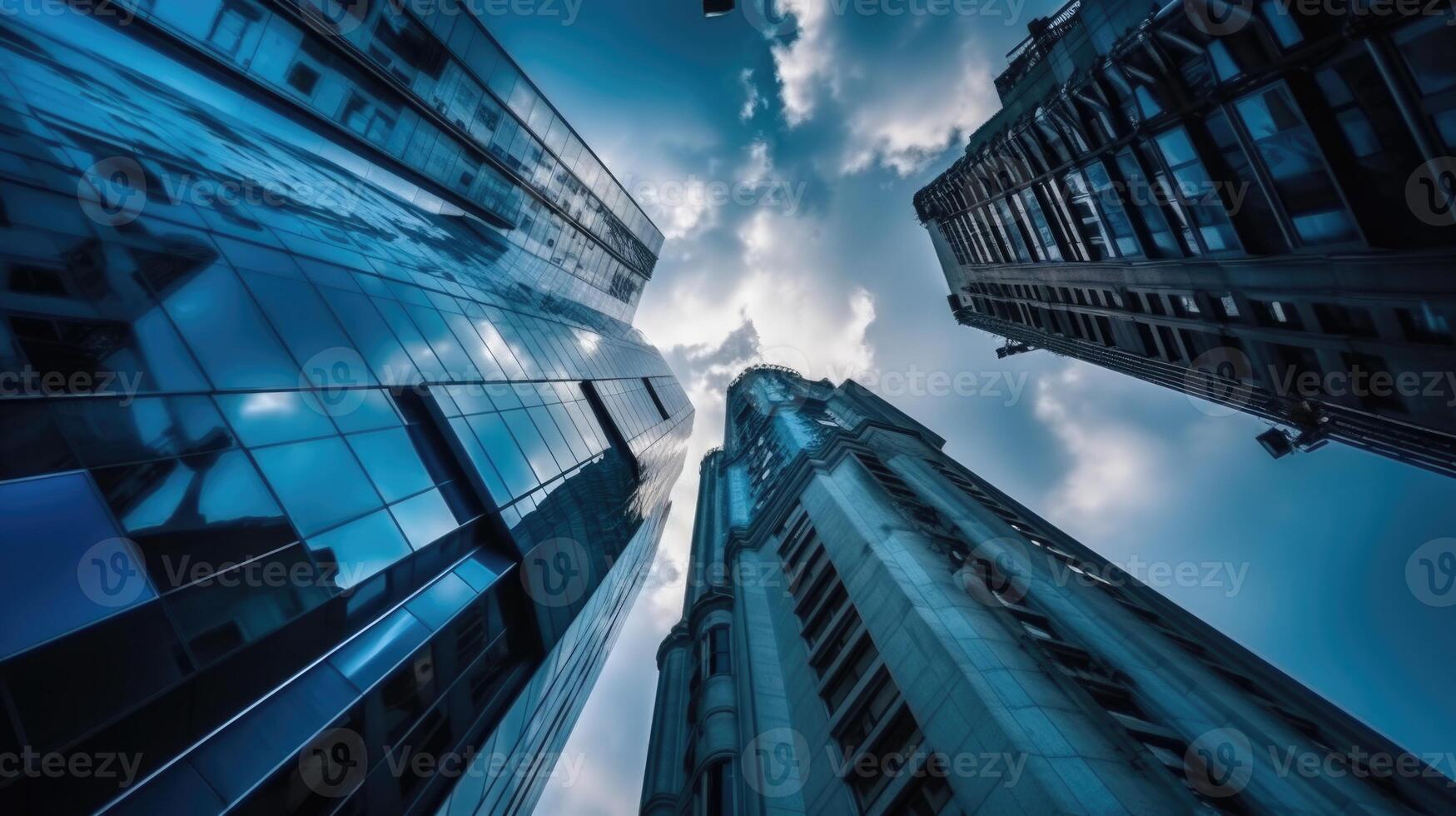 fondo ver de increíble moderno edificios en contra antecedentes de azul cielo. Alto negocio distrito horizonte, generativo ai tecnología. foto