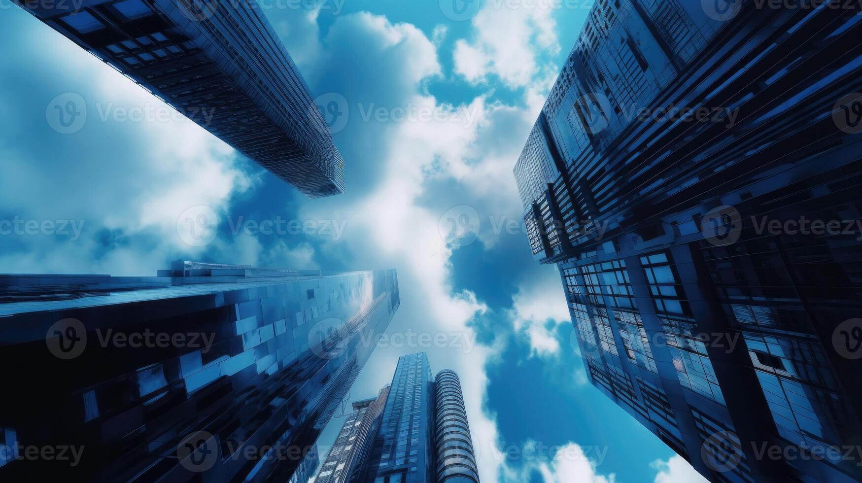Looking Up at High Rise Office Buildings, Apartment Architecture in the Financial District of a Modern Metropolis. Technology. photo