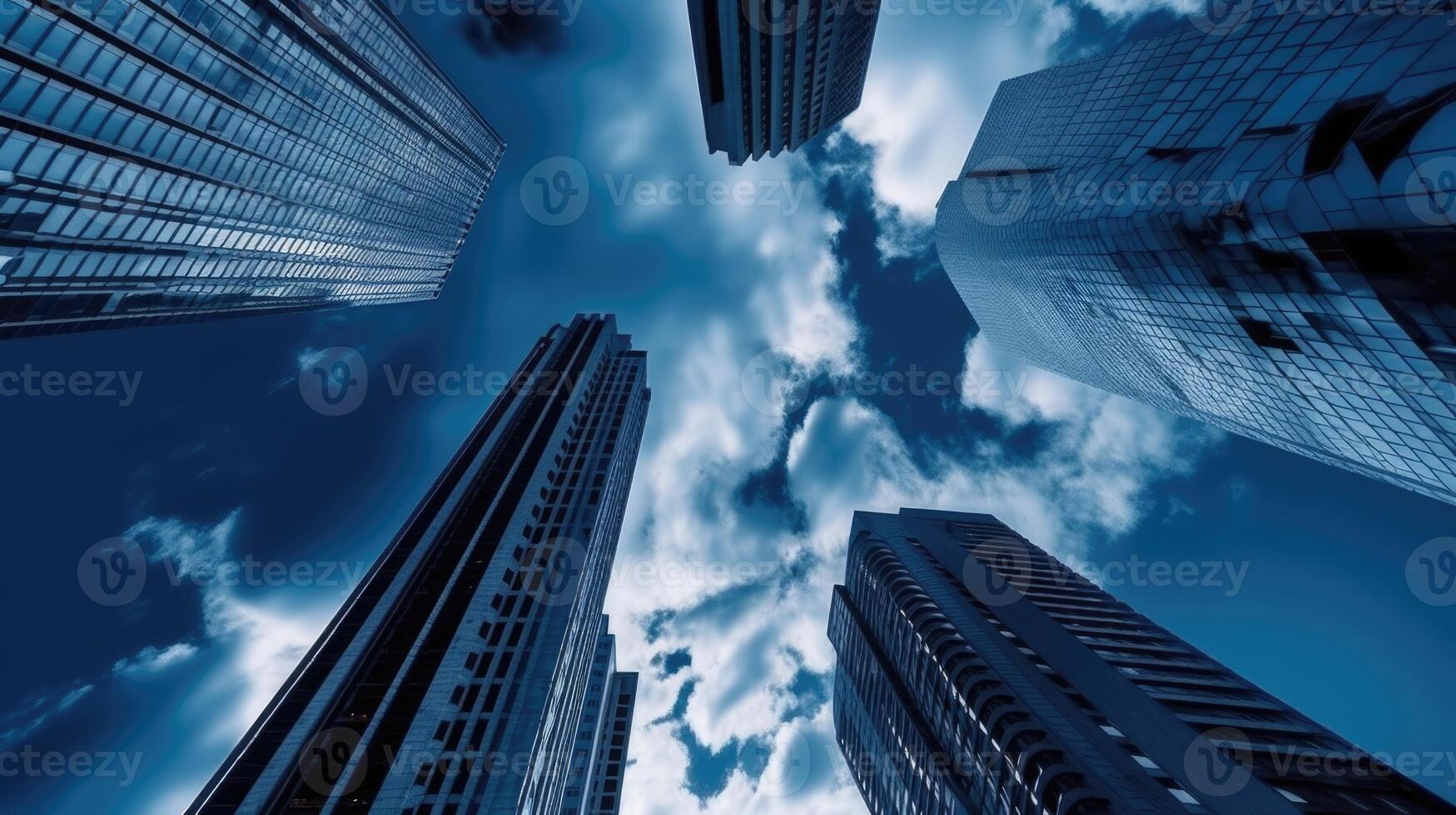 Looking Up at High Rise Office Buildings, Apartment Architecture in the Financial District of a Modern Metropolis. Technology. photo