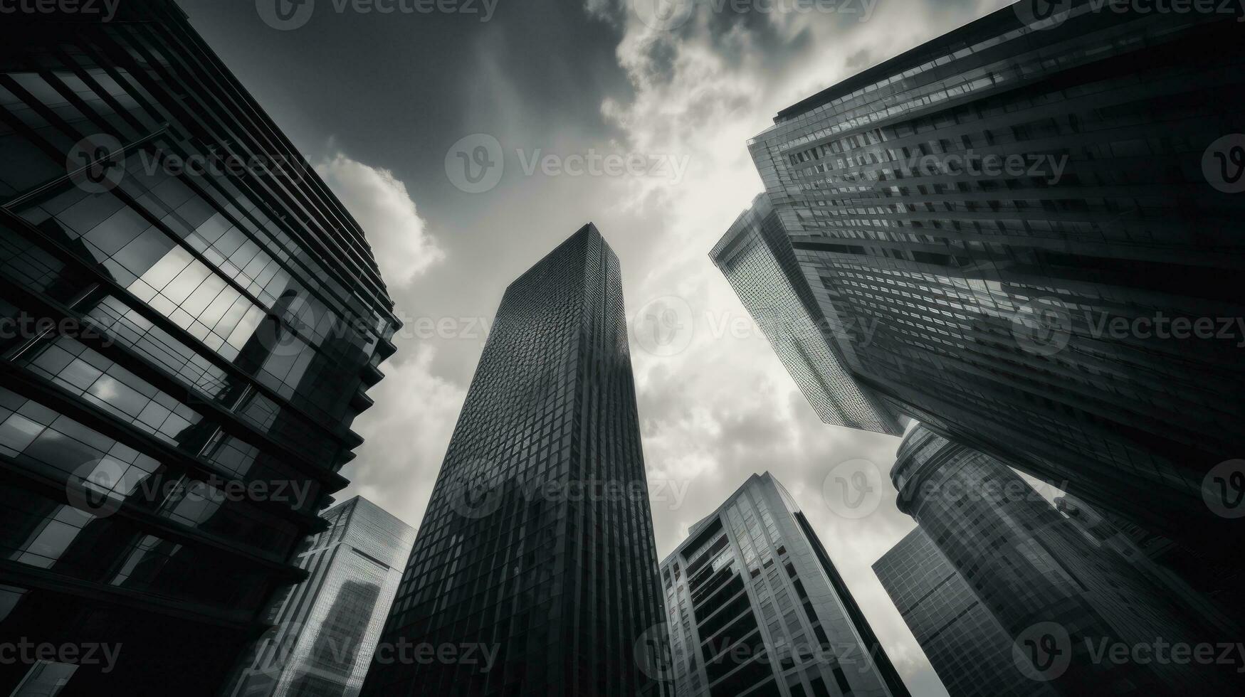 fondo ver de Alto edificios en contra gris cielo en el ciudad. real inmuebles y corporativo construcción, generativo ai tecnología. foto