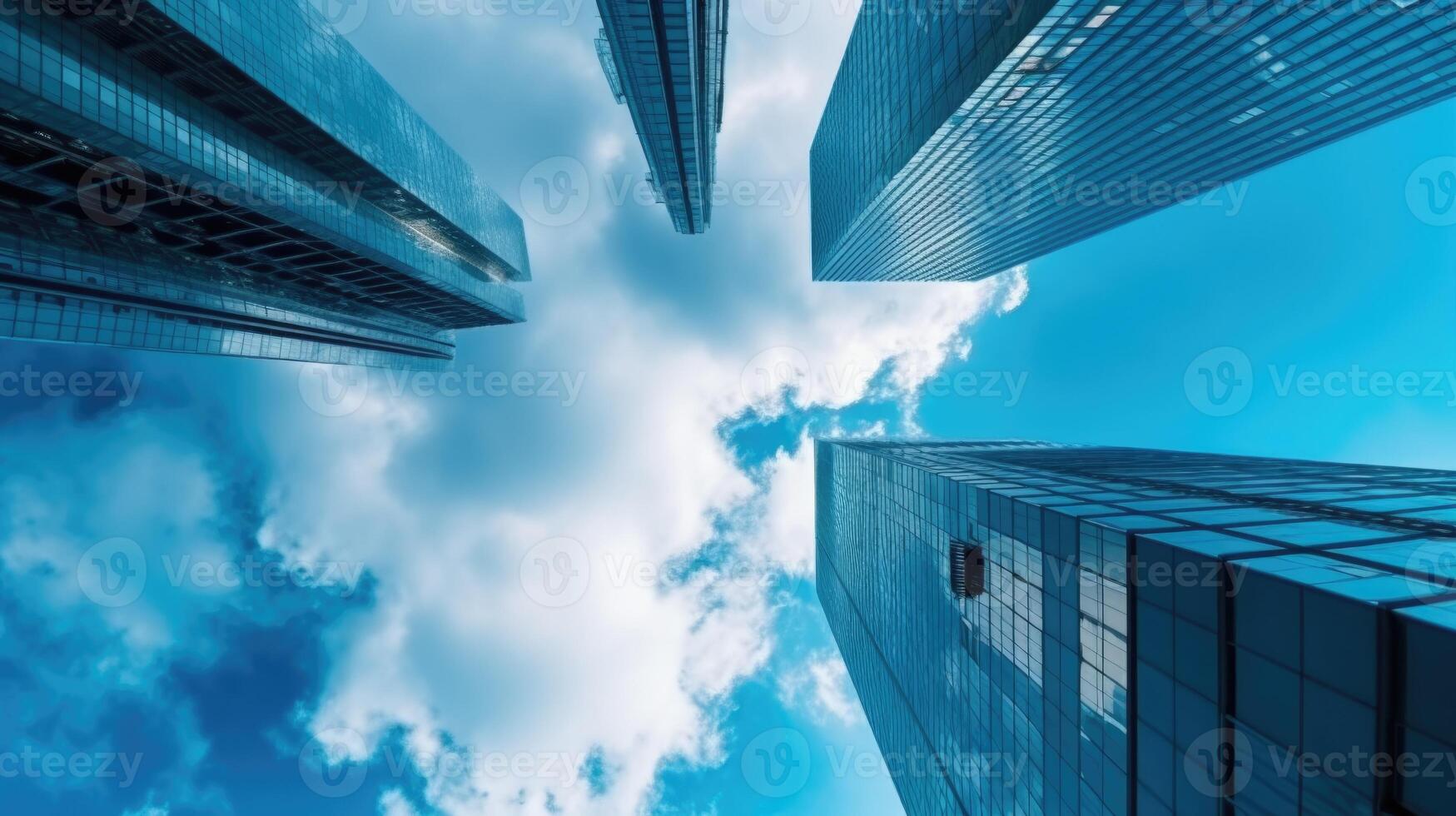 Looking Up at High Rise Office Buildings, Apartment Architecture in the Financial District of a Modern Metropolis. Technology. photo