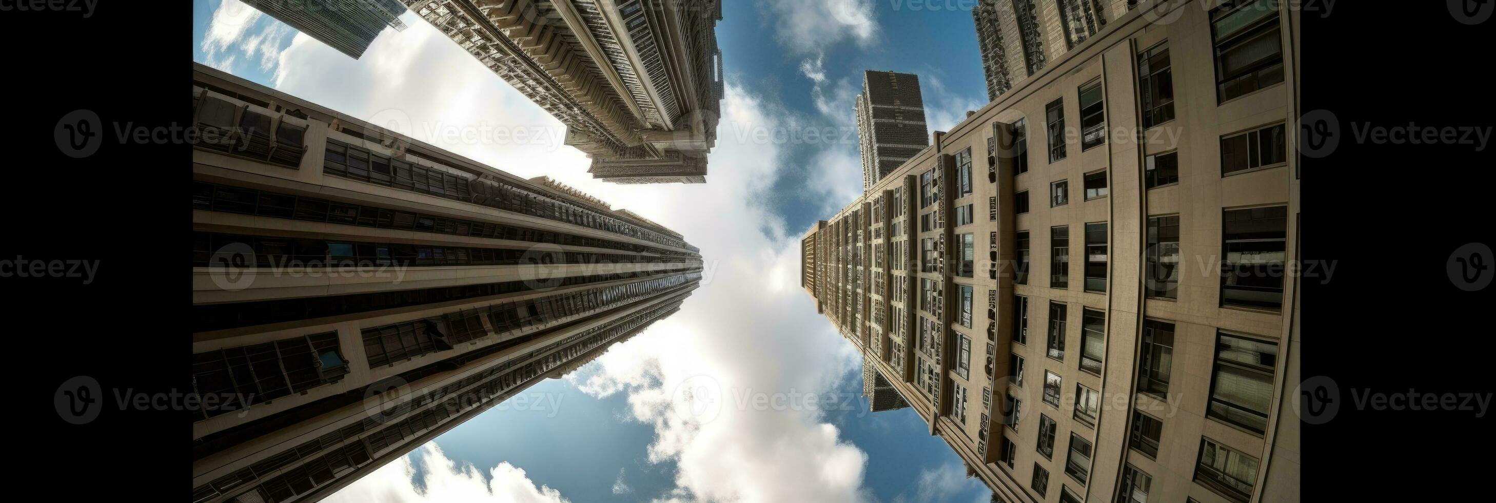 Low Angel View of High-Rise Buildings Against Background of Cloudy Blue Sky in Business District. Generative AI Technology. photo