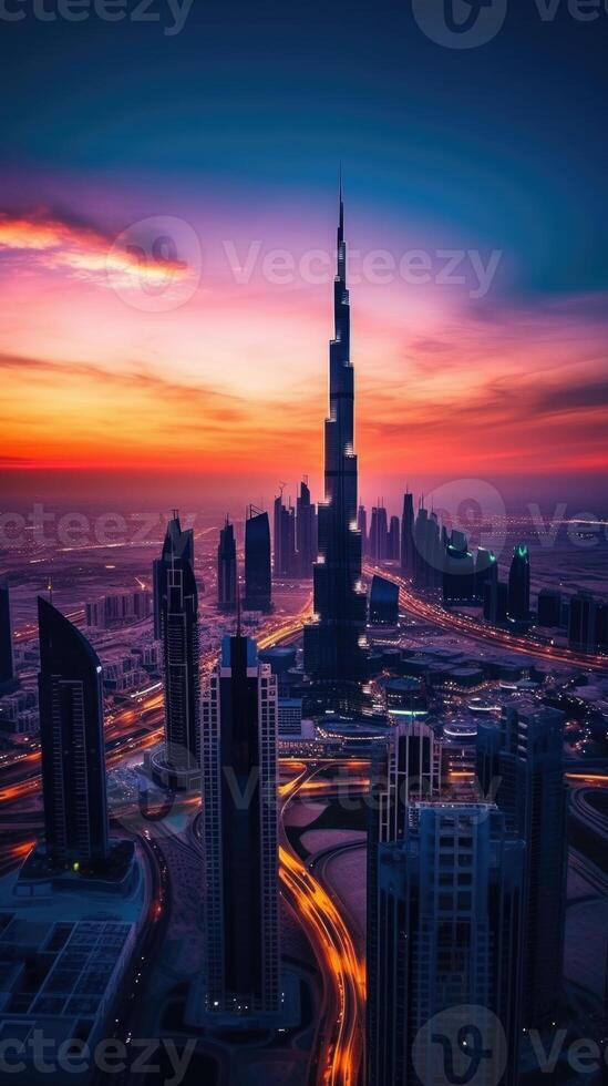 Aerial View of Burj Khalifa in Dubai Downtown Skyline and Busiest Highway in Evening Time. Amazing Tourist Destination, Technology. photo
