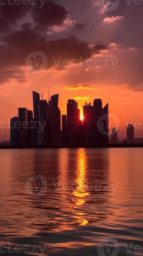 Skyscrapers of Doha, Qatar in Front of the West Bay During Sunset or Sunrise. Amazing Tourist Destination, Generative AI Technology. photo