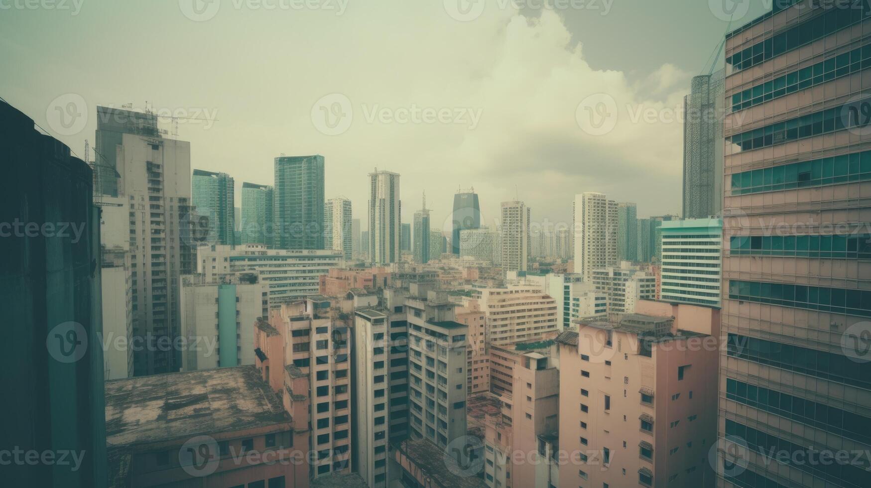 Panoramic City View of Vintage Skyscraper Buildings in Foggy Day. Technology. photo