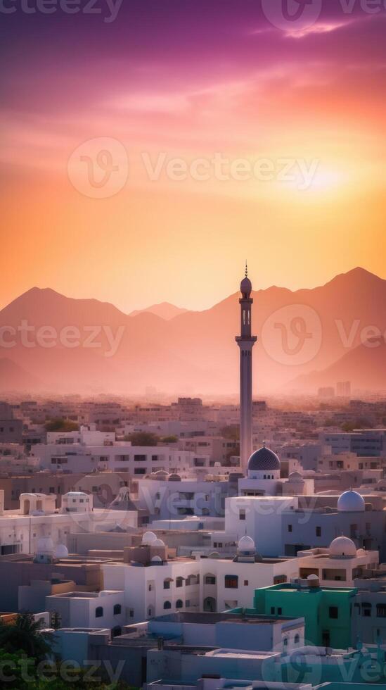 Sultanate of Oman, the Old Town of Muscat Buildings During Sunset or Sunrise. Generative AI Technology. photo