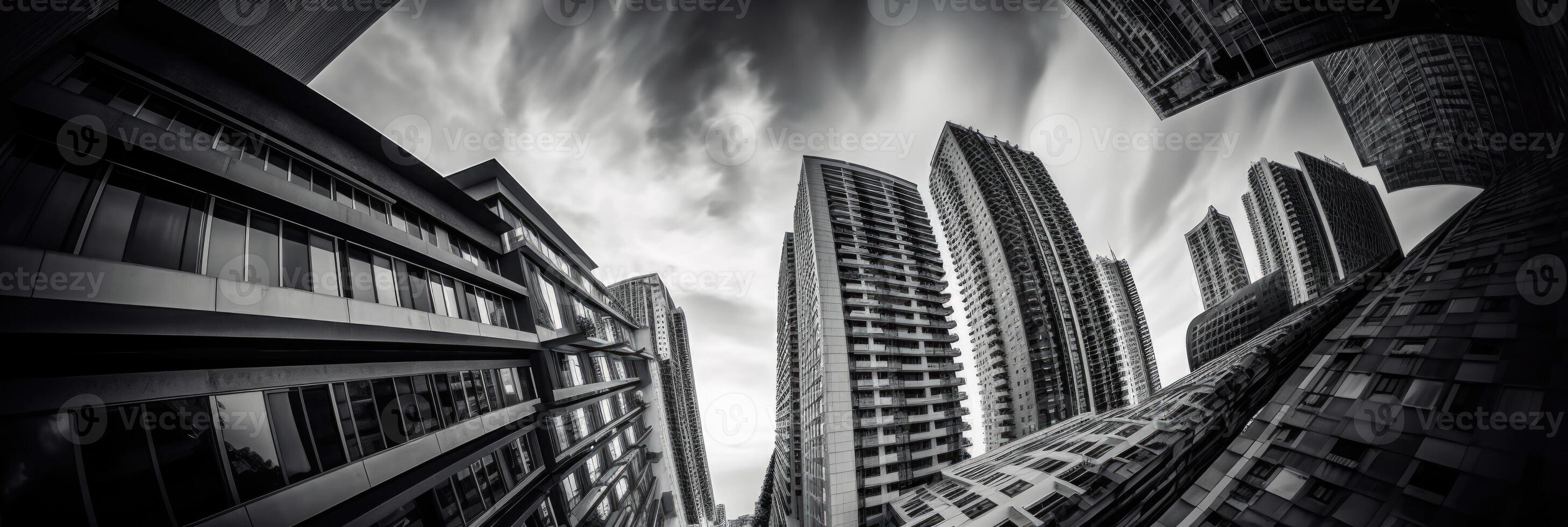 Futuristic Gray Sky View Between High-Rise Buildings in the City. Real Estate and Corporate Construction, Technology. photo