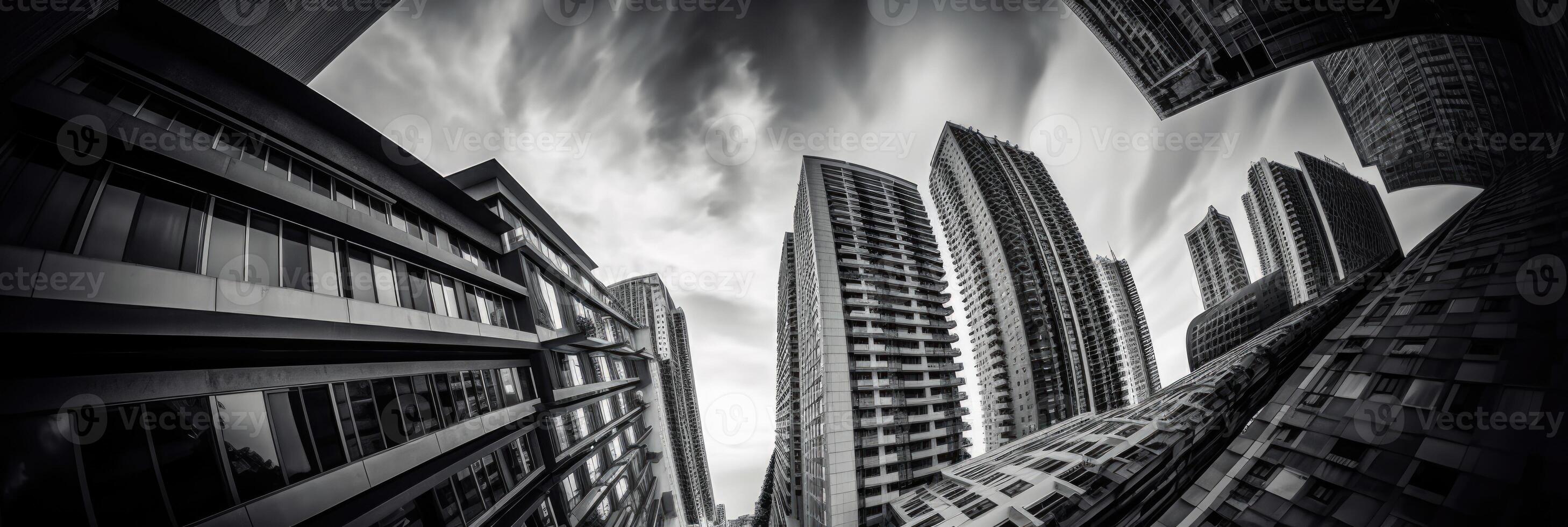 Futuristic Gray Sky View Between High-Rise Buildings in the City. Real Estate and Corporate Construction, Generative AI Technology. photo